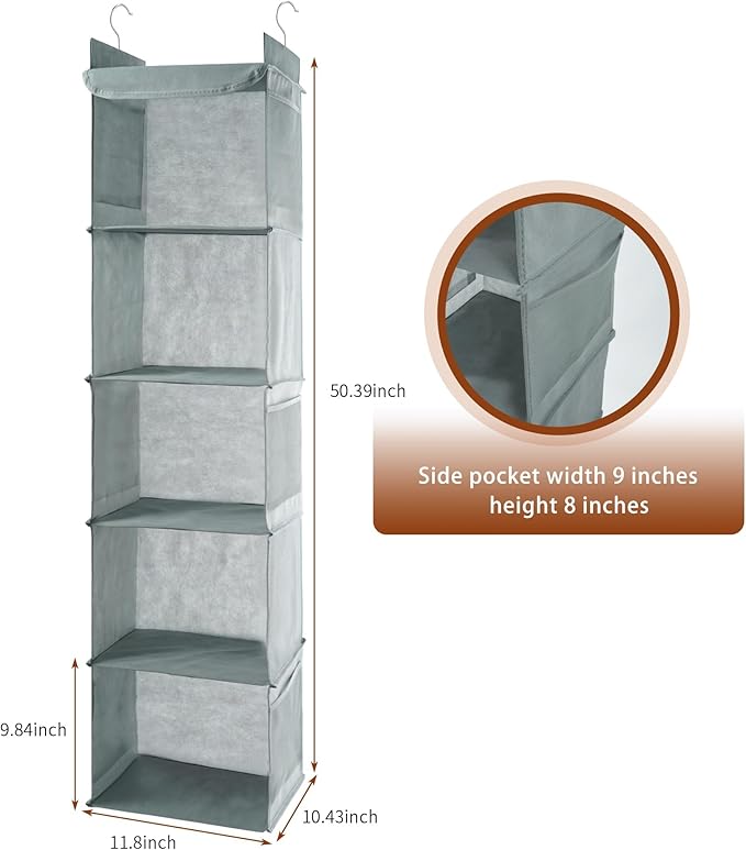5-Shelf Hanging Closet Organizer and Storage, Closet Hanging Storage Shelves for Clothes, Towels, with Side Pockets and 2 Sturdy Hooks for Storage, Foldable (Grey)