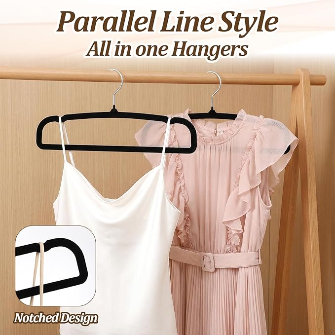 Velvet Pants Hangers Non Slip, 30 Pack Velvet Hangers for Closet with 30 Hooks, Strong Durable Space Saving Slim Clothes Hanger, Ultra Thin Flocked Hanger for Pants, Shirts, Bra, Shorts (Black)