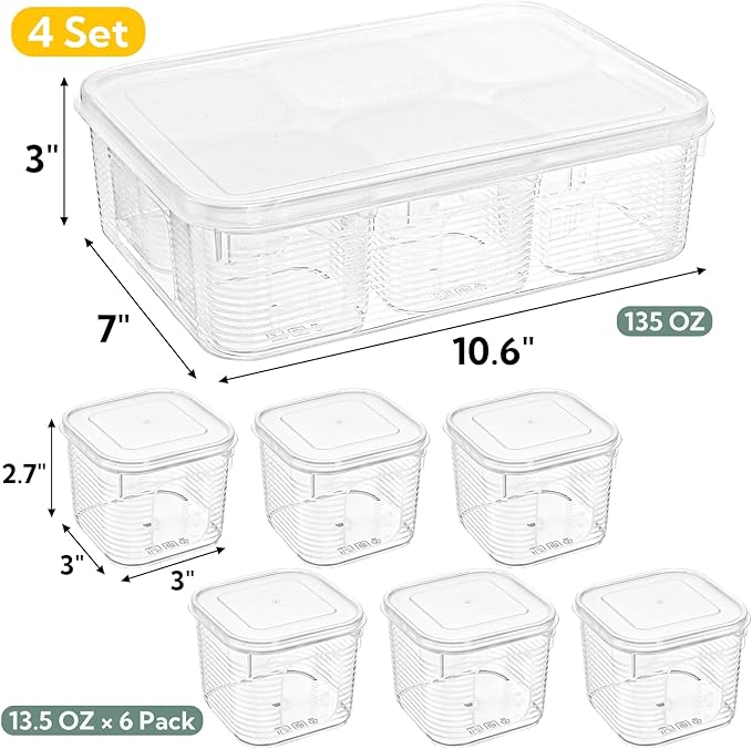 4 Pack Salad Bar Container for Fridge, Plastic Food Storage Organizer with Lid, Stackable Refrigerator Bins with 24 Individual Removal Boxes, Reusable Meal Prep Container for Fruit, Vegetable