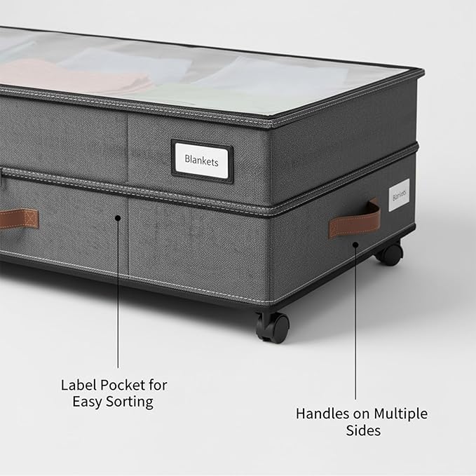 Under Bed Storage with Wheels, 72L XXL Large Capacity Under bed Storage Container with Clear Lids, 11 inches Height UnderBed Shoe Bins for Blanket, Clothing, Comforter, Sweaters, Pillows