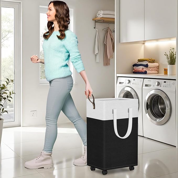 HomeHacks Laundry Basket with Wheels, Rolling Laundry Hamper, Collapsible & Waterproof Clothes Hamper, Narrow Corner Bins with Extended Handles for in the Family & Dorm 90L, Black