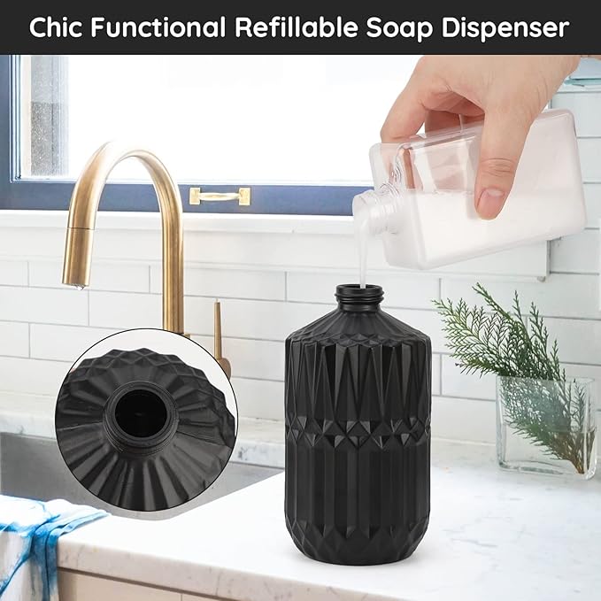 Segbeauty Black Soap Dispenser, 2pcs 15.2oz Glass Pump Bottles with Labels for Farmhouse Decor, 450ml Empty Refillable Kitchen Soap Dispenser Set Bathroom Accessories for Western Modern Home Decor