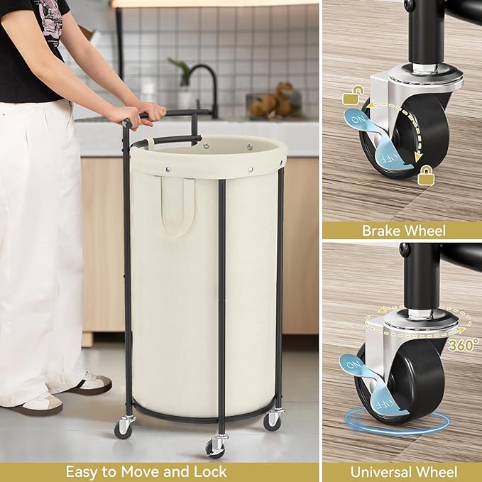 Chrislley 110L Laundry Hamper with Wheels,Rolling Laundry Basket with Removable Bag,Round Iron Laundry Cart with Steel Frame and Handle,Dirty Clothes Hamper Organizer for Dorm,Laundry Room(Beige)