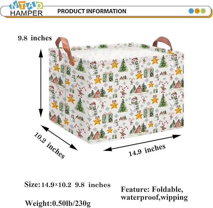 Rectangular Storage Basket Empty,Storage Bin with Handles,Room Decor,Gift Basket,Book Box(Watercolor Christmas)