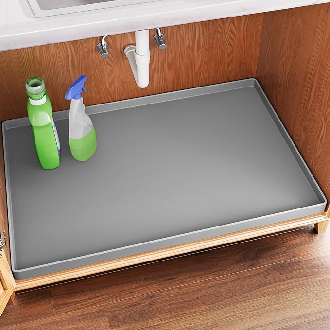 FLATO Waterproof Under Sink Mat 31" x 22" Shelf Liner for Kitchen and Bathroom, Cabinet Protector, Organizers and Storage, Flexible Silicone Drip Tray