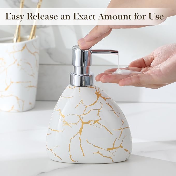 MALACASA Bathroom Accessories Sets 4 Pcs, Cream Soap Dispenser and Farmhouse Toothbrush Holder, Soap Dish with Storage Cup, Durable Ceramic Bathroom Decor for Morden Apartment, White Gold