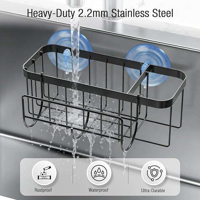 3-in-1 Kitchen Sink Caddy Organizer with Sponge Holder, Brush Holder, Extra Rack for Scrubber, Sink Stopper, Dish Cloth Hanger - Strong Dual Suction Cup, 2.0mm SUS304 Stainless Steel - Black