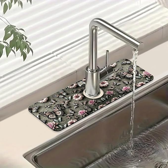 Cute Butterfly Sink Splash Guard Pink Flower Faucet Absorbing Mat Fast Drying Mat Sink Gadgets Splash Guard Behind Faucet Drip Catcher for Kitchen Bathroom, 15.5"x5.5"
