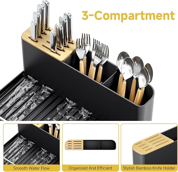 Large Dish Drying Rack - 304 Stainless Steel Dish Rack for Kitchen Counter, Extendable Dish Drainers with Cutlery & Cup Holders, Black
