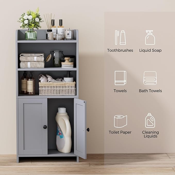 Homhedy Small Bathroom Storage Cabinet, Freestanding Toilet Paper Storage with 2 Doors and Shelves, Bathroom Organizers and Storage for Small Spaces, laundry room, 7.9" D x 14.6" W x 31" H, Gray