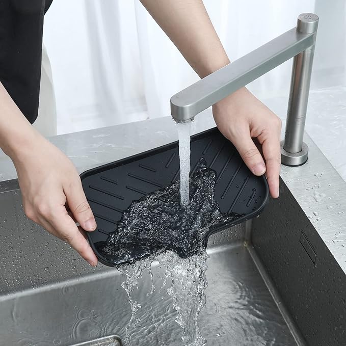 MicoYang Silicone Bathroom Soap Dishes with Drain Spout-Bathroom and Kitchen Sink Organizer,Sponge Holder,Dish Soap Tray,Perfect for Dispenser,Scrubber,Bottle,Cup on Sink or Counter-Black 9.6"×5.3"