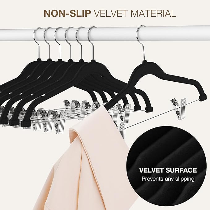 Korpai 36-Pack Black Velvet Hangers with Clips Adjustable,Adult Hangers,Outfit Hanger,Heavy-Duty,Felt,Non-Slip,Space Saving, for Pants, Skirts, Suits,Coats, Dresses ect.