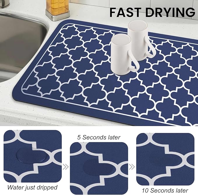 WISELIFE Dish Drying Mat Super Absorbent Drying Mat Large Dish Drying Mats for Kitchen Counter Easy Clean Dish Mat Kitchen Drying Mat18"x 36" Stylish Blue