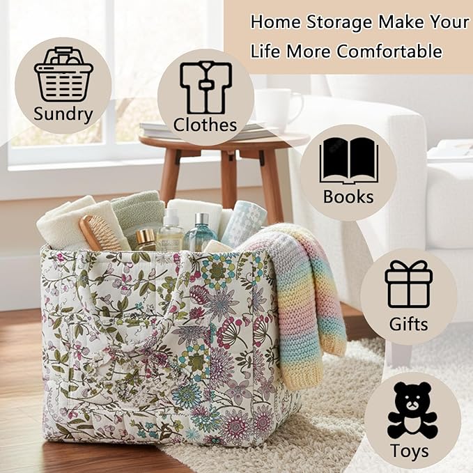 Quilted Fabric Storage Baskets with Handles, Boho Floral Gift Basket Foldable Organizer Bin for Home Decor, Picnic, Travel 12''x10''x10'' (Purple)