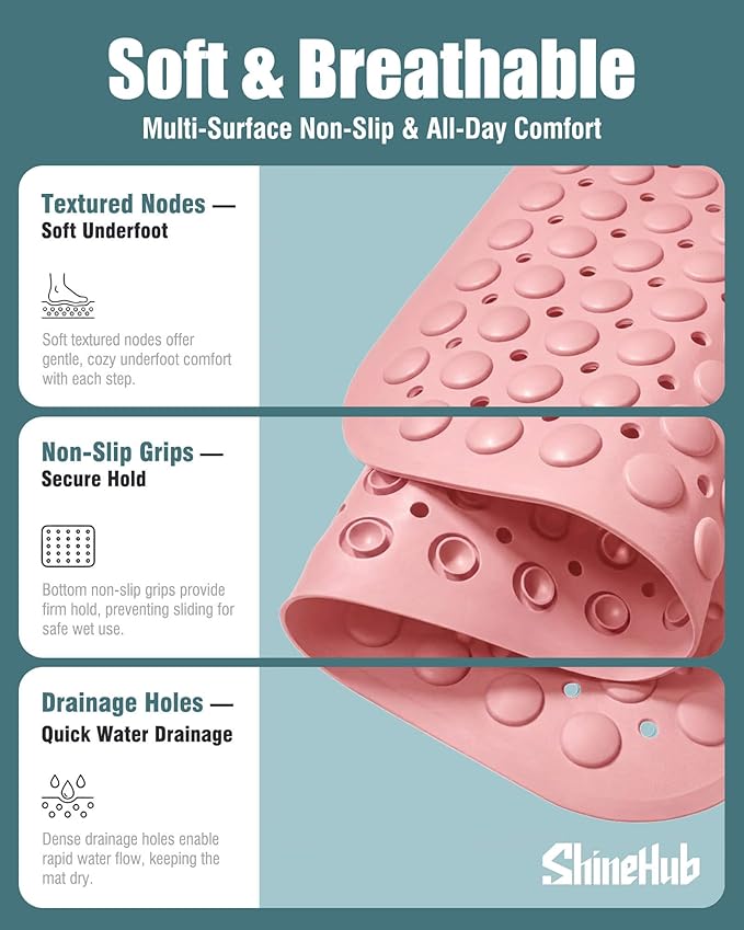 ShineHub Non-Slip Bath Mat for Tub Shower, TPE Machine Washable Bathroom Essentials with Suction Cups, Quick-Dry 28x16 inch (Dusty Blossom Pink)