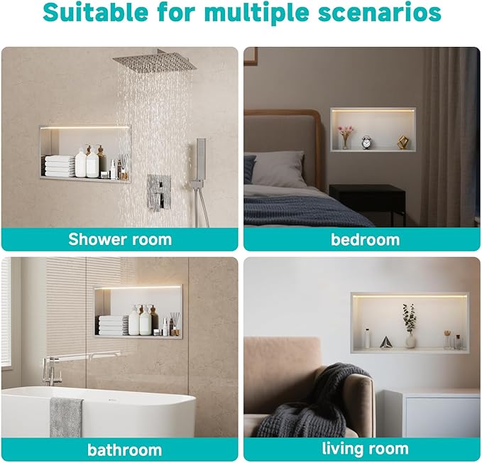 TSIBOMU Stainless Steel Shower Niche with LED Lights 12" x 24" Recessed Wall Niche, No Tile Needed Bathroom Storage Shelf (Brushed)