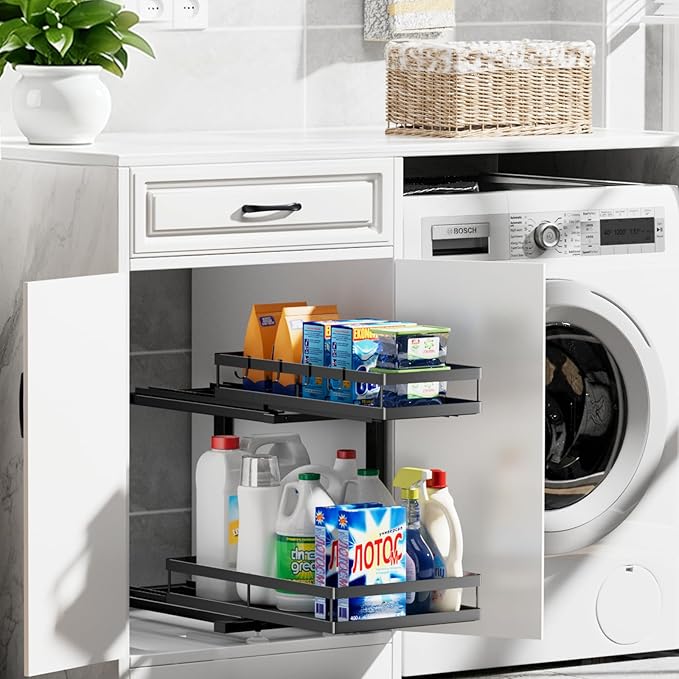 2 Pack Under Sink Organizers and Storage, Heavy Duty Metal Pull Out Cabinet Organizer with Ball-Bearing Slides, Height Adjustable L-Shaped Shelf for Kitchen & Bathroom (2-Pack)