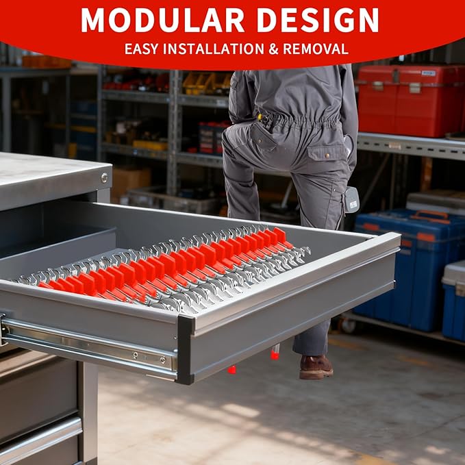 80 Pcs Modular Wrench Organizer Holder Set with Metric & SAE Labels, Wrench Rack for Toolbox Drawer Storage, Includes 9-Grid Clear Parts Box (Red)