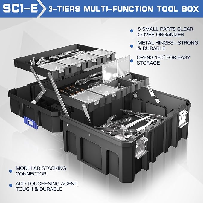 5 Tier Stackable Tool Box with Wheels,Rolling Tool Box with Drawers,Modular Tools Organizer,Portable Tool Box with Transparent Parts Box,Large Capacity Toolbox,for Garage Storage,Home and Repair Shop