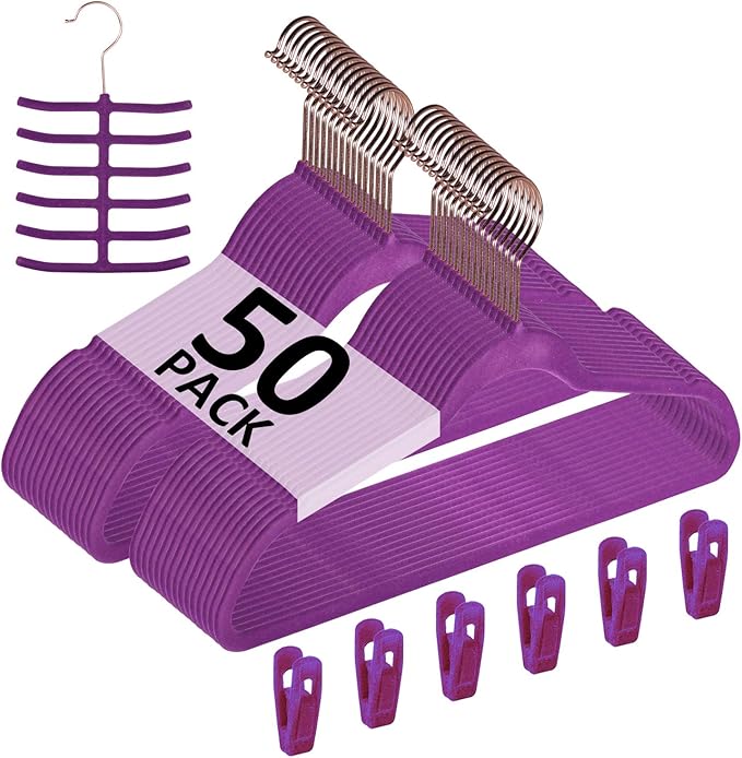 VECELO Premium Velvet Clothes Hangers Suit Heavy Duty (50 Pack)-Non Slip & Space-Saving with 6 Finger Clips & Tie Rack Excellent for Men and Women,Dark Purple