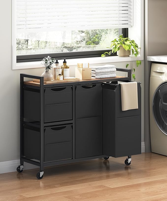 HOOBRO Laundry Sorter with 4 Section, 39 Gal. (147 L) Laundry Hamper with Wheels, Rolling Laundry Basket with Shelf, Pull-Out Detachable Bags, Side Pockets, Rustic Brown and Black BF14XY01N1
