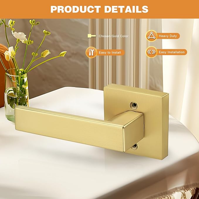 Probrico Brushed Gold Dummy Door Handle Interior Door Levers Square Single Non-Turning Satin Brass Door Handles Hardware for French Door, 4 Pack
