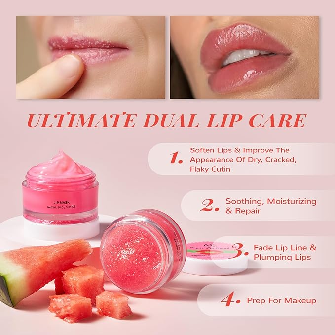 Hydrating Lip Mask Set, Lip Scrub & Lip Butter, Overnight Lip Treatment Set Enriched With Ceramide, Watermelon and Shea Butter, For A Softer & Smoother Lips, Overnight Lip Mask Gifts