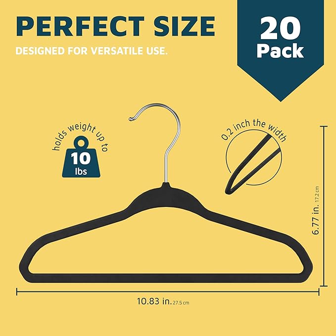 Black Velvet Kids Hangers 20 Pack, 10.83" Non-Slip Baby & Toddler Hangers for Clothes, Space-Saving Slim ABS Plastic with 360° Swivel Hook & Notched Shoulders, Up to 10 lb Capacity