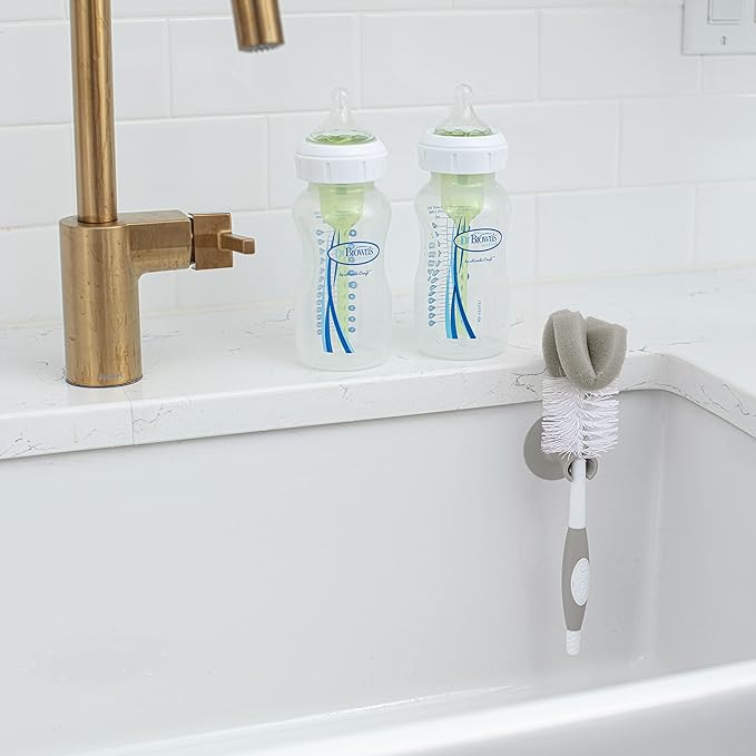 Dr. Brown's Reusable Sponge Baby Bottle Cleaning Brush with Suction Cup Stand, Scrubber and Nipple Cleaner, BPA-Free, Gray, 2-Pack
