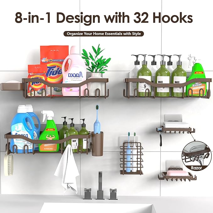 Shower Caddy Adhesive Shower Organizer 8-Pack, Rustproof Stainless Steel Bathroom Shelves, Large Capacity No-Drill Rack Storage Accessories with Soap Dish Toothbrush Holder Hooks