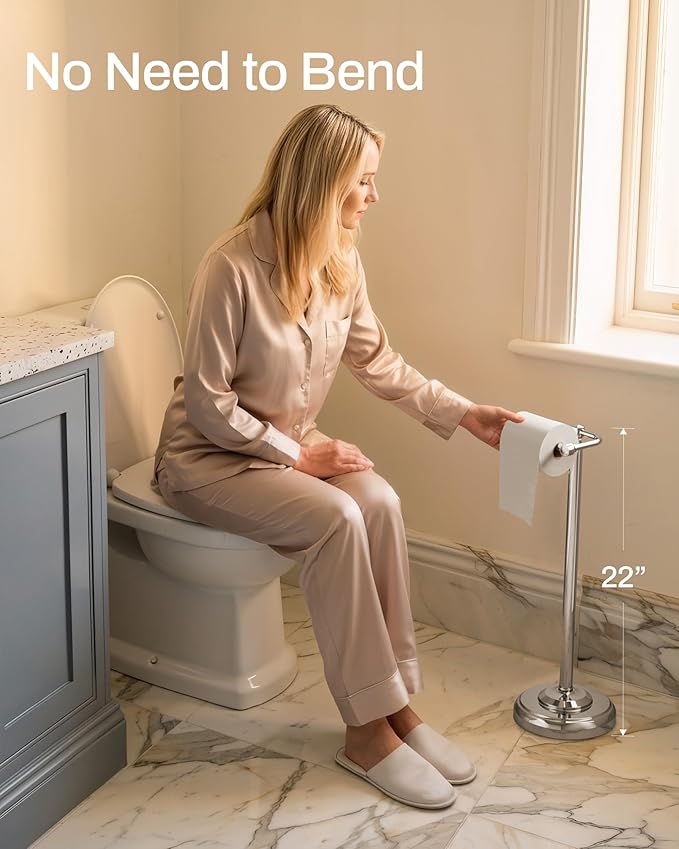 KALLYNB Freestanding Toilet Paper Holder Stand - Rustproof 304 Stainless Steel with Heavy Duty Weighted Base (4.8lbs), 22" Height Pivot Arm Tissue Roll Dispenser, Fits Mega Rolls - Chrome Finish