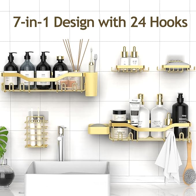 Shower Caddy Adhesive Shower Organizer 7-Pack, Rustproof Stainless Steel Bathroom Shelves, Large Capacity No-Drill Rack Storage Accessories with Soap Dish Toothbrush Holder Hooks