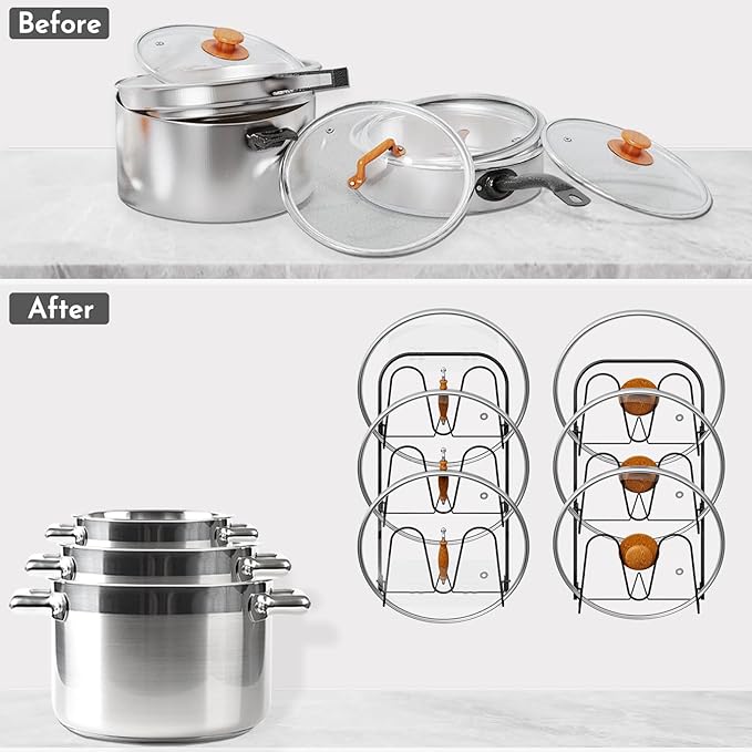 Universal Adjustable Pot Lid Holder Organizer for Cabinet - Upgraded Patented Niceyos 2 Pack Pan Lids Organizers Inside Cabinet Door Wall Mount Pots Top Rack for Kitchen Cupboard Fit 6" to 13" (Black)