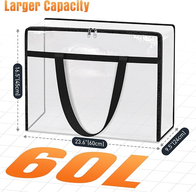 Clear Under Bed Storage Containers - 8 Pack Large Capacity Clothes Storage Bags with Lid & Sturdy Handles, Foldable Moving Bags, Clothing Organizer Totes for Bedding, Comforter, Sheet（60 L）