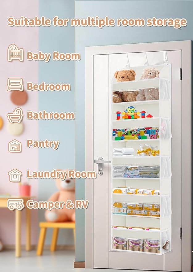 1 Pack Over The Door Storage Organizer with 5 Pockets 10 Mesh Pockets, 44 lbs Weight Capacity Door Hanging Organizers and Storage for Bedroom,Bathroom,Nursery,Kidroom,Babyroom
