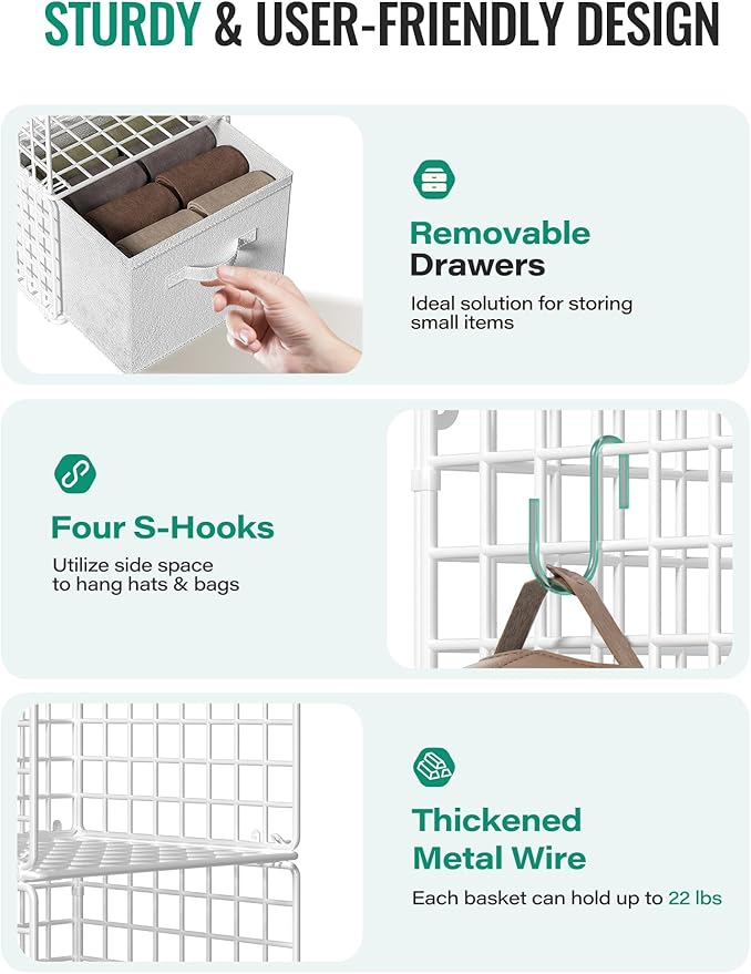 Hanging Closet Organizer with Drawers, 4 Tier Metal Closet Organizers and Storage with 4 Hanging Hooks 4 S-Hooks for Wardrobe Laundry Room, Wire Storage Shelf for Clothes Sweaters Pants (White)