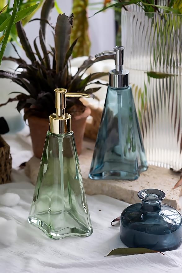 EMPO Vintage Elegant Glass Soap Dispenser, Liquid Soap/Sanitizer/Shampoo Bottle with Golden ABS Pump, Rustic Farmhouse Decor Hand Soap Dispenser Bathroom Accessories (Ripple Yale-Blue)