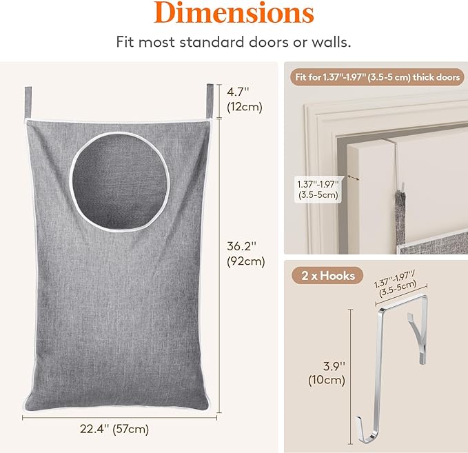 Lifewit 1 Pack Over Door Laundry Hamper, Large Collapsible Hanging Laundry Hamper, Hanging Laundry Basket Bag for Bathroom Bedroom Dirty Clothes Storage Organizer, Light Gray