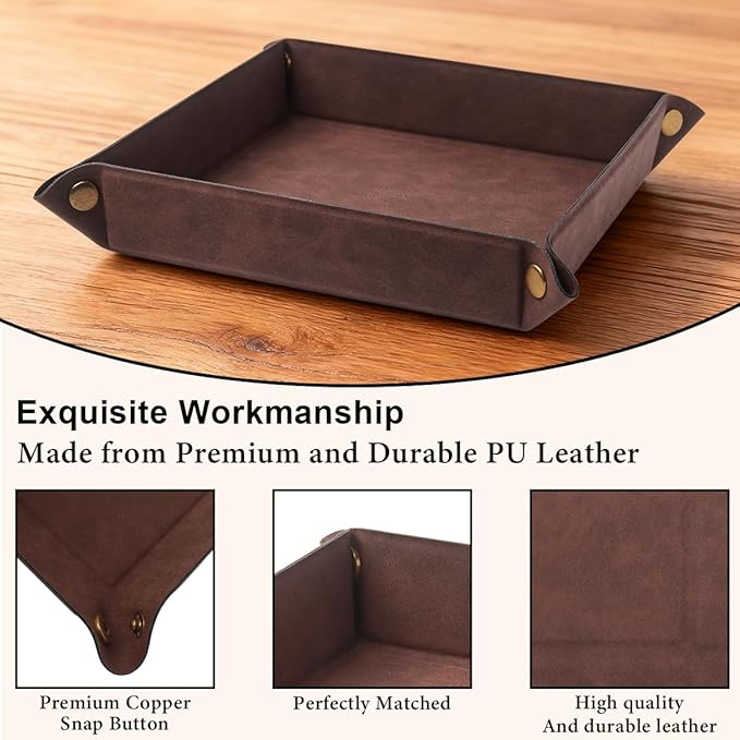 WAYIFON Valet Tray Desktop Storage Organizer – Premium PU Leather Catchall Bedside Vanity Tray Nightstand Caddy Holder for Remote Controller, Keys, Phone, Wallet, Coin, Jewelry,Brown