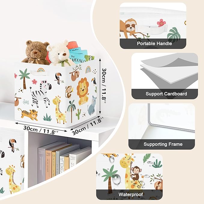 Clastyle Jungle Animal Storage Cube Organizer Set Tree Closet Clothes Cube with Metal Frame Foldable Parents Organizer Storage Basket for Book Toy,White,11.8x11.8x11.8 in