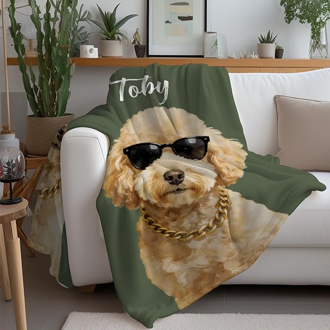 Custom Pet Portrait Blanket Personalized Fleece Throw Blankets with Dog Cat Watercolor Photo & Name Cute Cozy Soft Warm Unique Gift Ideas for Pets Lover Dog's Dad Mom