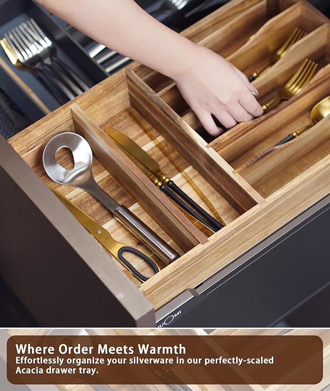 Silverware Drawer Organizer, Acacia Wood Tray for Cutlery & Flatware | Fixed 10.5" Wide, 7-Compartment Utensil Holder for Forks & Spoons