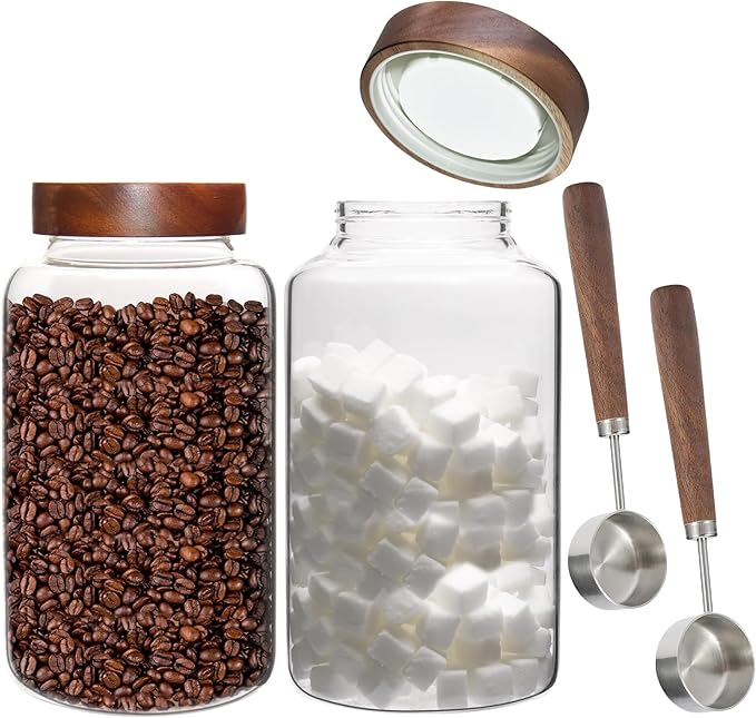 Patoper Glass Coffee Jars Spice Jar Round Storage Canister with Wooden Lid Clear Glass Food Jar for Pantry Sugar Tea Coffee Bean Spice Nuts Cookies Bath Salts (2300ml/77oz-2PACK(with spoon)