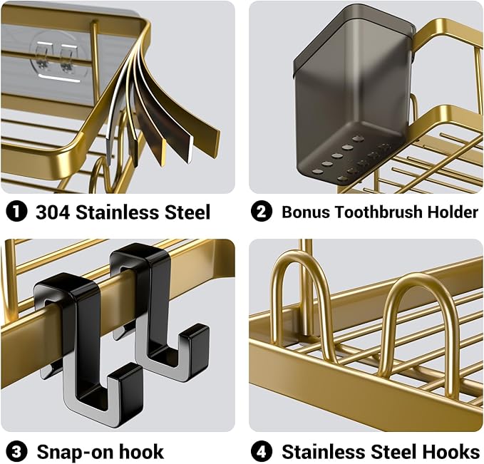 Corner Shower Caddy Organizer Shelf: 2Pack Adhesive Shower Rack, No Drilling Stainless Steel Shower Storage Shelves for Bathroom Kitchen (Gold)