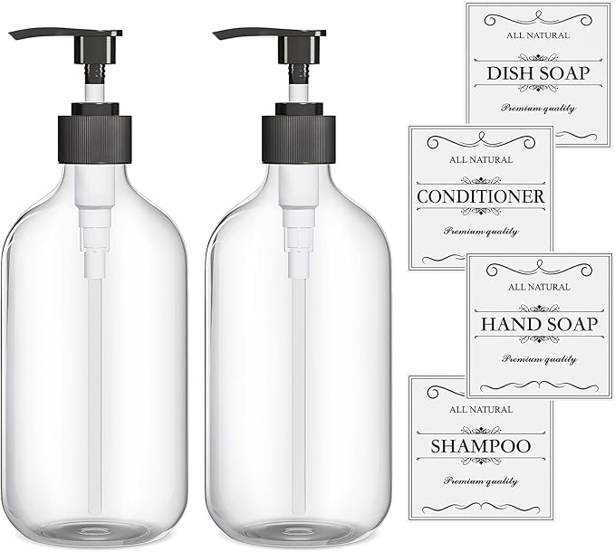 2PCS Clear Dish Soap Dispenser for Kitchen with Rust Proof Pump (16 Oz), Premium Hand Soap Dispenser for Bathroom, Plastic Liquid Soap and Lotion Dispenser/Bottles Set, Waterproof Labels