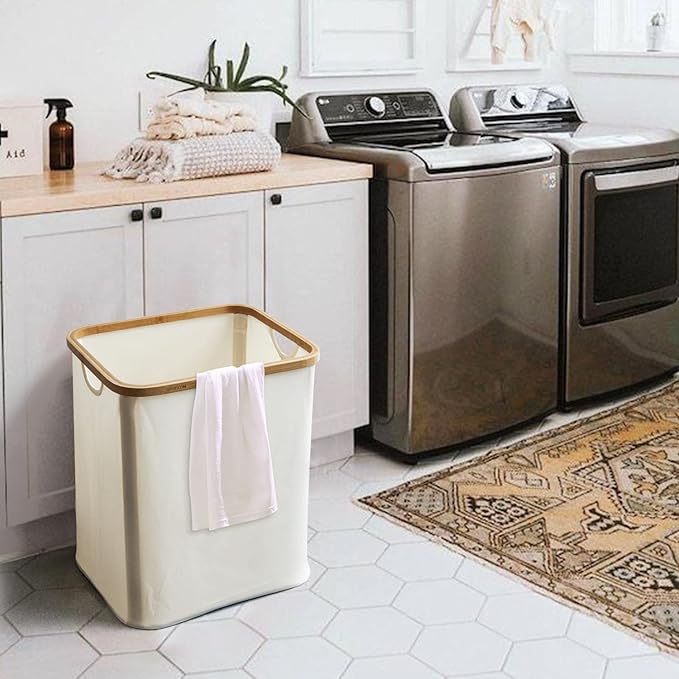 Naturoom 60L Bamboo Storage Basket | Laundry Hamper, Folding Bamboo Frame Fabric Shelf Basket With Handles, Large Cube Organizer For Bathroom, Bedroom Dirty Clothes/Towels/Blankets/Toys Storage Bin