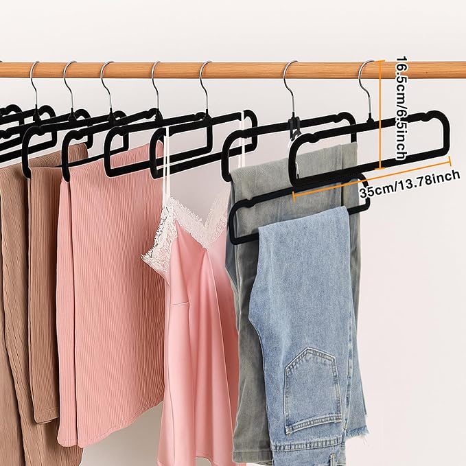 30 Pack Black Velvet Pants Hangers with 30 Hooks Non Slip, Felt Trouser Hanger for Closet, Thin Space Saving Clothes Hanger, Strong, Durable, 360 Degree Rotatable Hook for Tank Top, Shorts