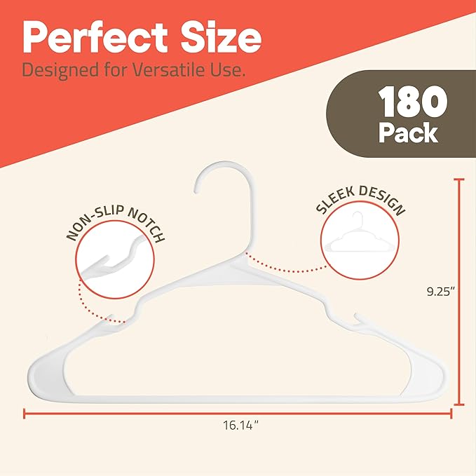 White Plastic Hangers 180 Pack– Heavy-Duty Plastic Hangers Slim and Space-Saving, Durable and Lightweight PP with Non-Slip Shoulder Notches for Slip Dresses, Suits, Jackets & Camisoles