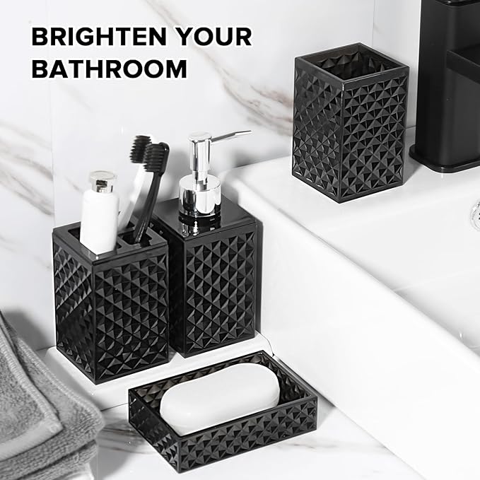 Black Bathroom Accessories Set, 4 Pack Matte Black Bath Accessory Sets Complete, Acrylic Soap Dispenser and Toothbrush Holder Set for Bathroom Counter Sink, Modern Bathroom Decor