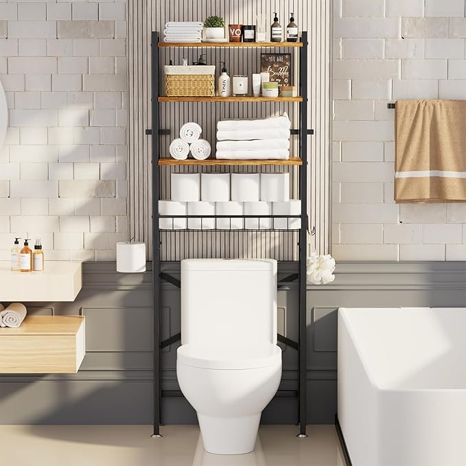 Over The Toilet Storage Cabinet, 4-Tier Bathroom Organizers and Storage with Adjustable Shelves, Freestanding Over-The-Toilet Shelf for Restroom, Laundry, Rustic Brown